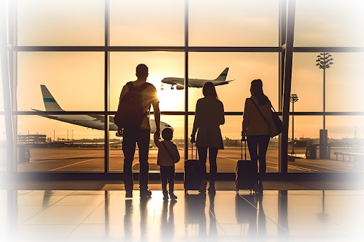 Travel Insurance by Dgnote - A family excitedly heads to their dream destination at the airport, luggage in tow, with peace of mind from Dgnote travel insurance.